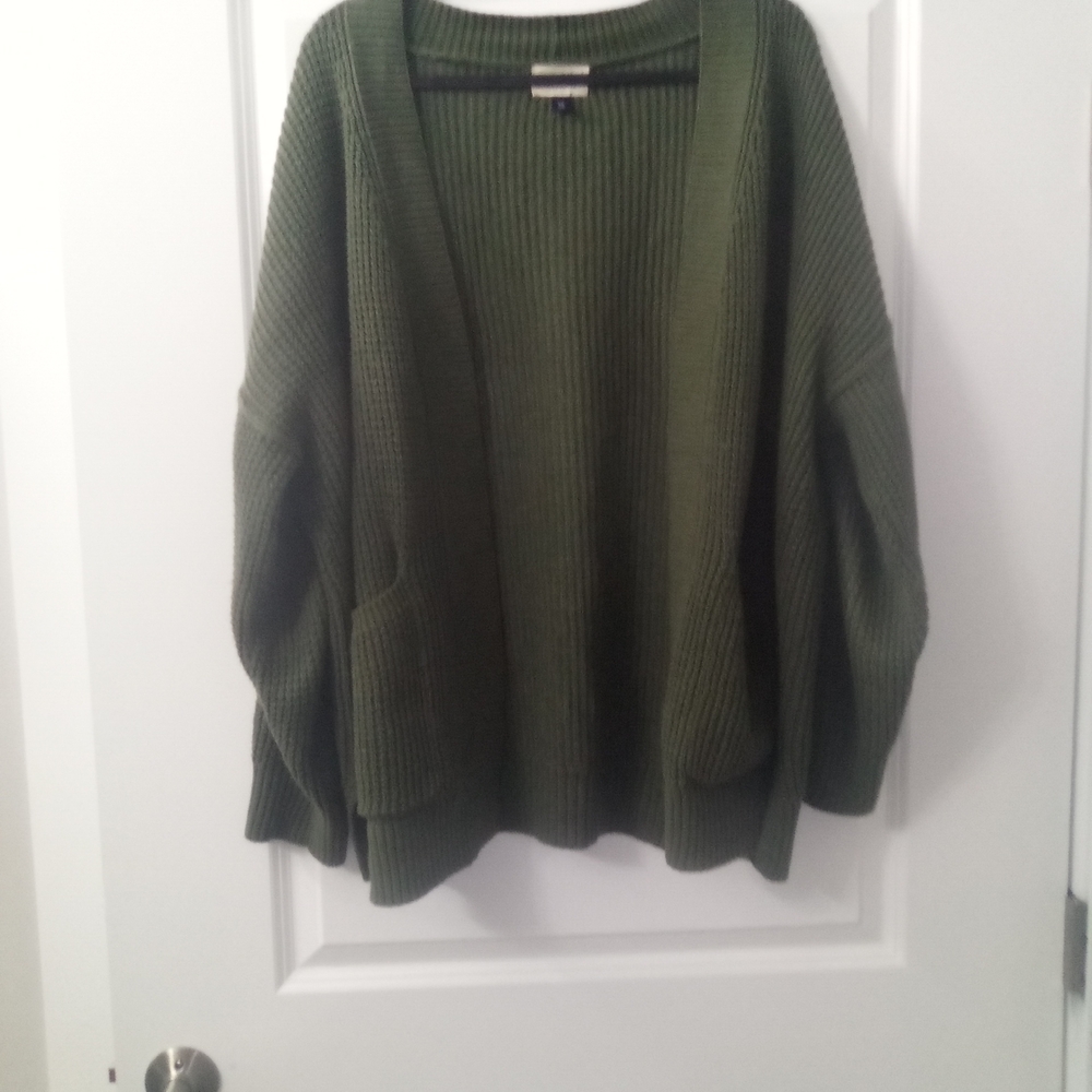 Olive Green Open Front Cardigan Sweater With Pockets Size 2XL